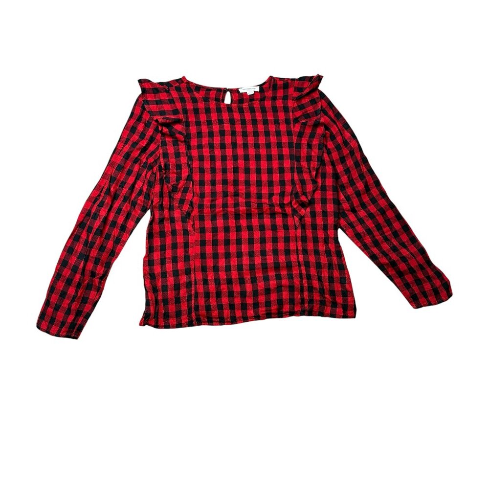BeachLunchLounge Red Black Plaid Ruffle Front Blouse L Holiday Top